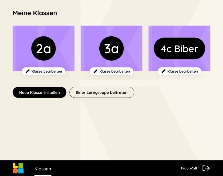 Klassenansicht mit drei angelegten Klassen, dem Button "Neue Klasse erstellen" und dem neuen Button "Einer Lerngruppe beitreten"